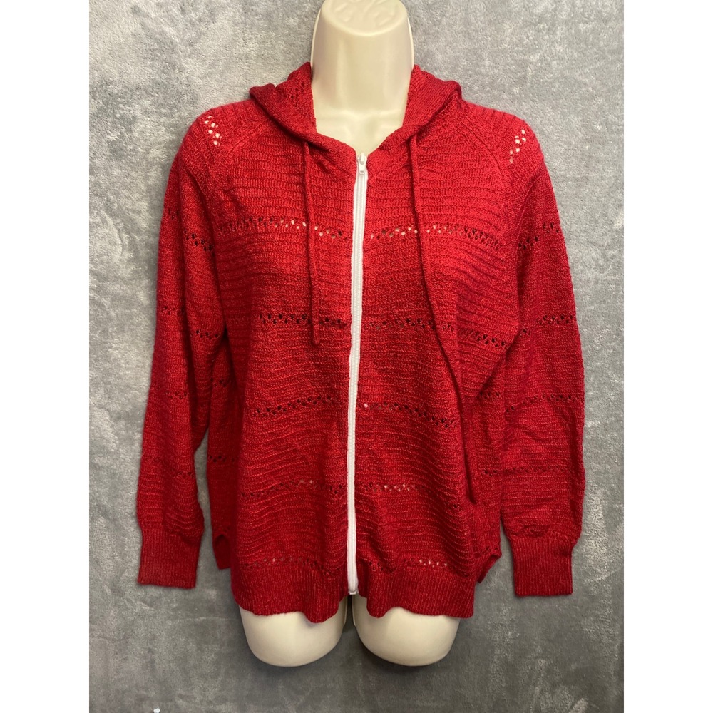 Womens Red Crochet Knit Zip Up Hoodie Hooded Sweater Casual Comfort Size M